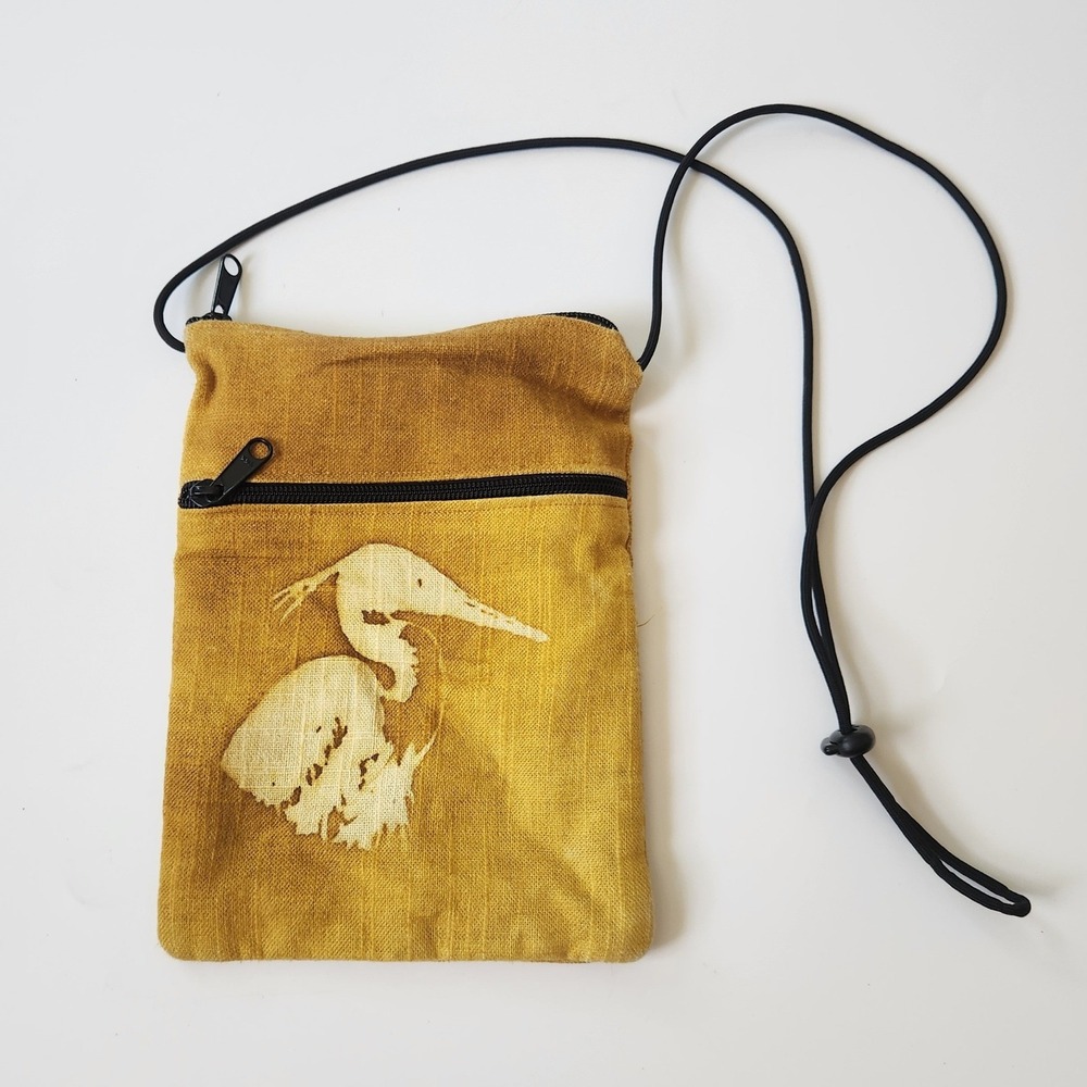 Printed Cotton Fabric Crossbody Bag Mustard Yellow Crane Dragonfly Block Print